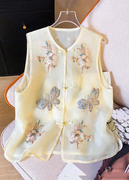 New Beige Embroidered Button Tulle Waistcoat Sleeveless GG043 MZF-VTP240610
