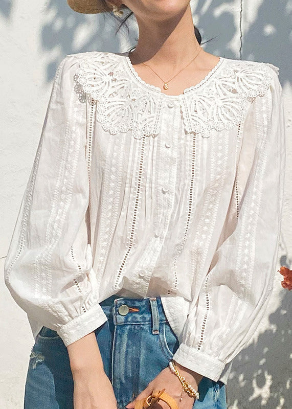 New Blouses Embroidered Spring Out Hollow Cotton Beige FashionChic