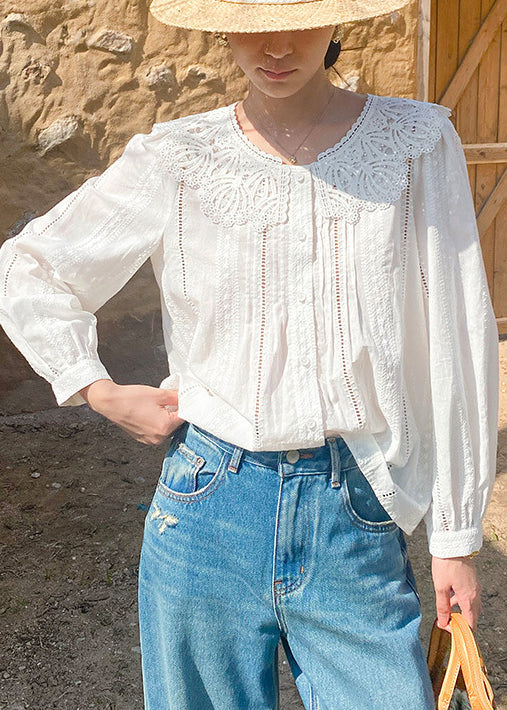 New Blouses Embroidered Spring Out Hollow Cotton Beige FashionChic