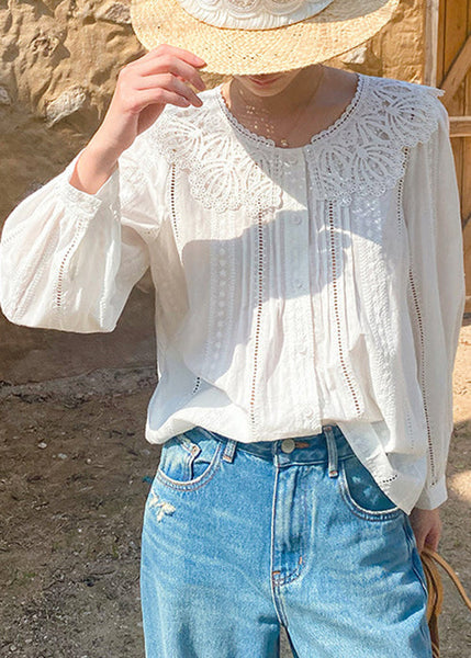 New Blouses Embroidered Spring Out Hollow Cotton Beige FashionChic