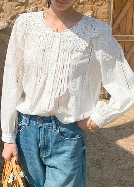 New Blouses Embroidered Spring Out Hollow Cotton Beige FashionChic