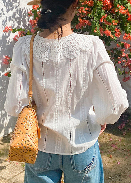 New Blouses Embroidered Spring Out Hollow Cotton Beige FashionChic