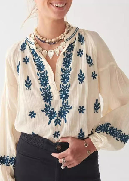 Beige Sleeve New Top Embroidered Puff Cotton Shirt FashionChic