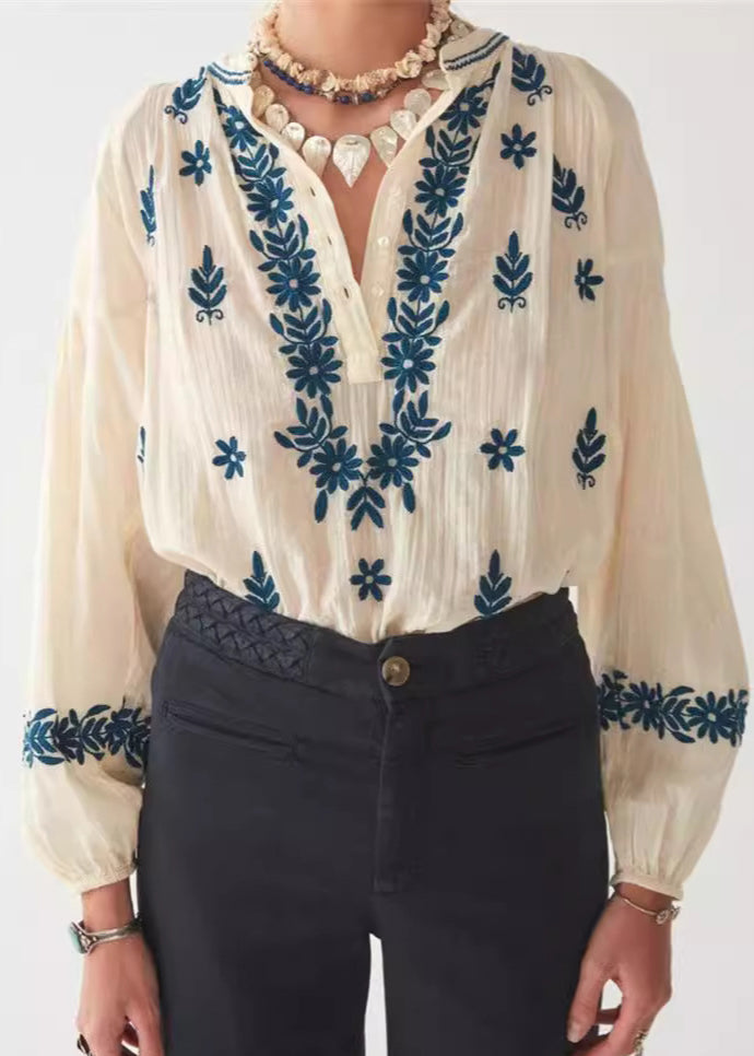 Beige Sleeve New Top Embroidered Puff Cotton Shirt FashionChic