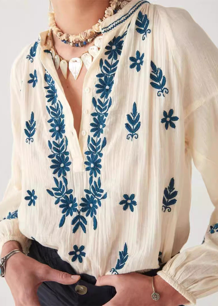 Beige Sleeve New Top Embroidered Puff Cotton Shirt FashionChic