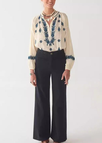 Beige Sleeve New Top Embroidered Puff Cotton Shirt FashionChic