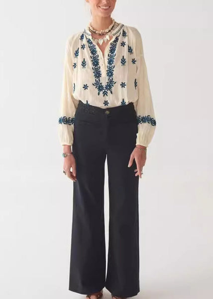 Beige Sleeve New Top Embroidered Puff Cotton Shirt FashionChic