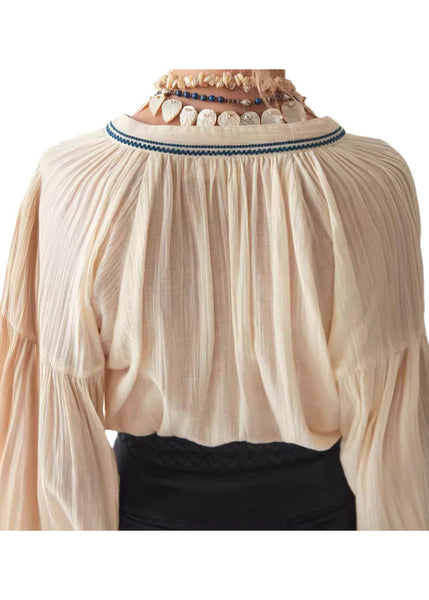Beige Sleeve New Top Embroidered Puff Cotton Shirt FashionChic