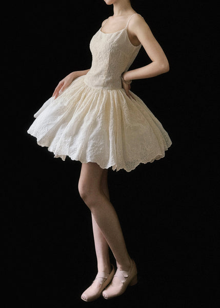 Sleeveless Wrinkled Cotton Dresses Mini Beige Embroidered New FashionChic