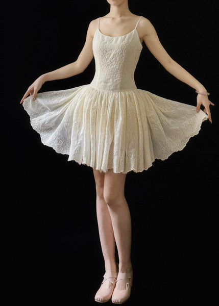 Sleeveless Wrinkled Cotton Dresses Mini Beige Embroidered New FashionChic