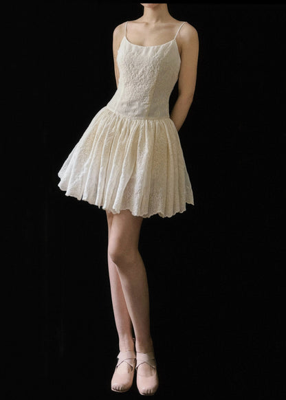 Sleeveless Wrinkled Cotton Dresses Mini Beige Embroidered New FashionChic