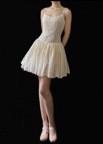 Sleeveless Wrinkled Cotton Dresses Mini Beige Embroidered New FashionChic