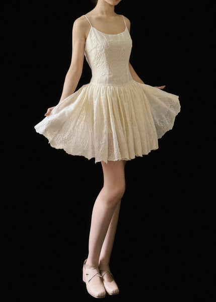 Sleeveless Wrinkled Cotton Dresses Mini Beige Embroidered New FashionChic