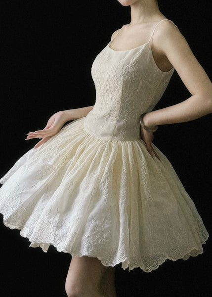 Sleeveless Wrinkled Cotton Dresses Mini Beige Embroidered New FashionChic