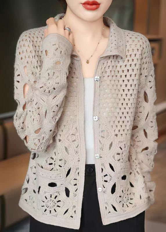 New Beige Hollow Out Button Knit Cardigan Fall WQ037 OL-NCT241031