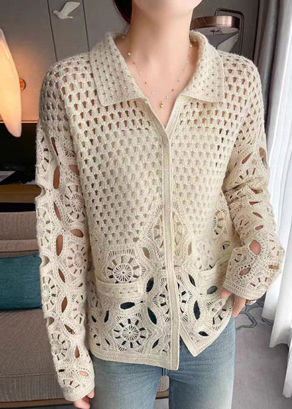 New Beige Hollow Out Button Knit Cardigan Fall WQ037 OL-NCT241031