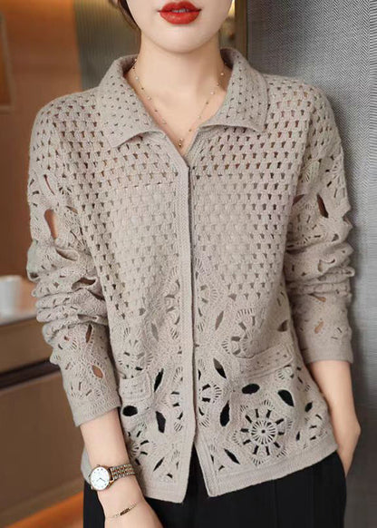 New Beige Hollow Out Button Knit Cardigan Fall WQ037 OL-NCT241031