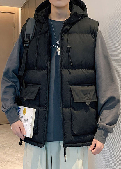 New Beige Hooded Pockets Cotton Filled Mens Waistcoat Sleeveless EQ037 ABC