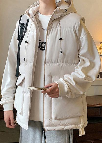 New Beige Hooded Pockets Cotton Filled Mens Waistcoat Sleeveless EQ037 ABC