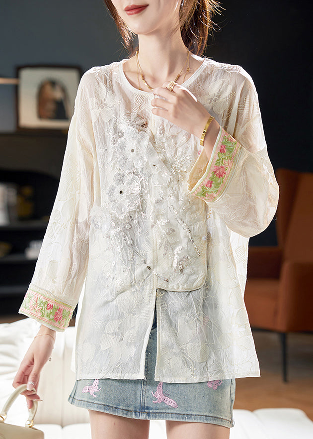 New Beige O-Neck Embroidered Sequins Blouses Fall AB1023 Genistyle Shop