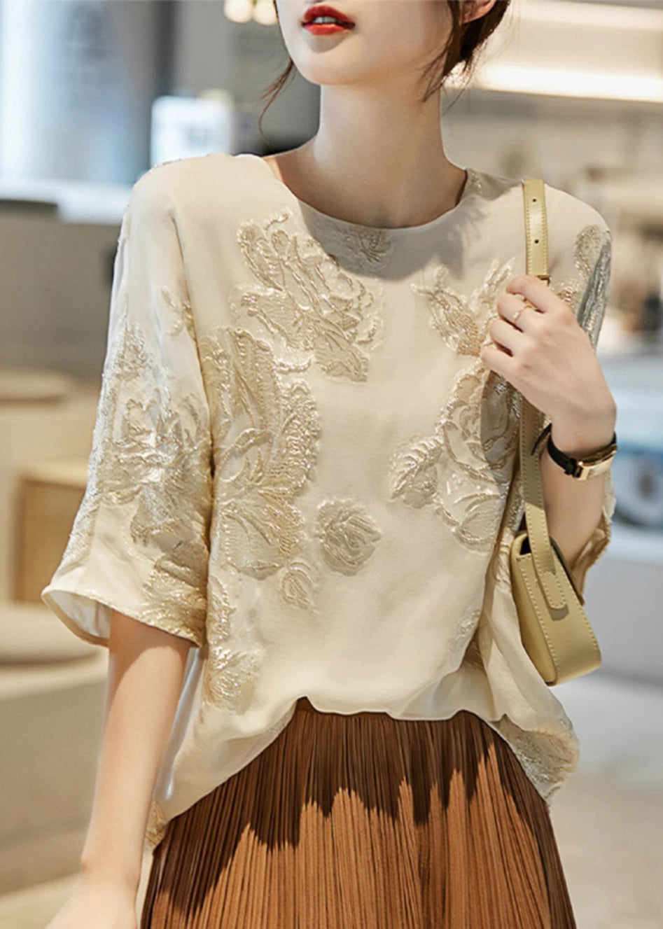 New Beige O Neck Embroidered Silk Shirt Top Summer TH039