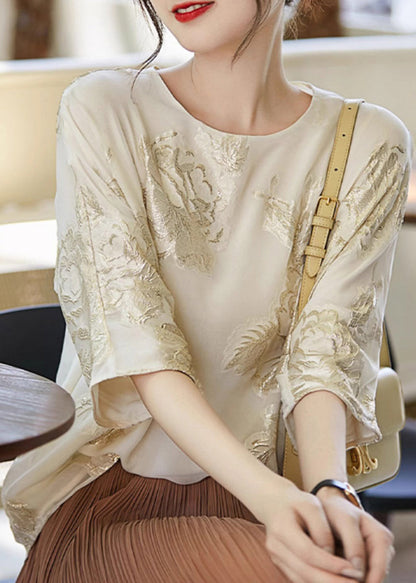 New Beige O Neck Embroidered Silk Shirt Top Summer TH039