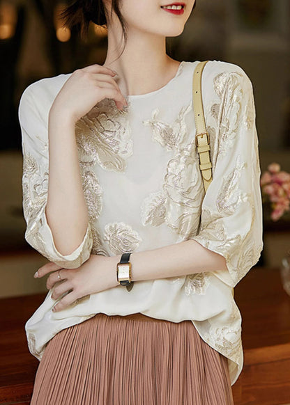 New Beige O Neck Embroidered Silk Shirt Top Summer TH039