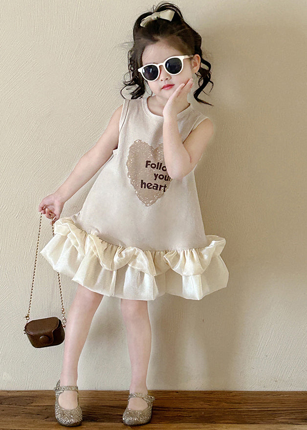 New Beige O-Neck Print Cotton Girls Dresses Sleeveless TT037 WS-JRTZSDGM240817