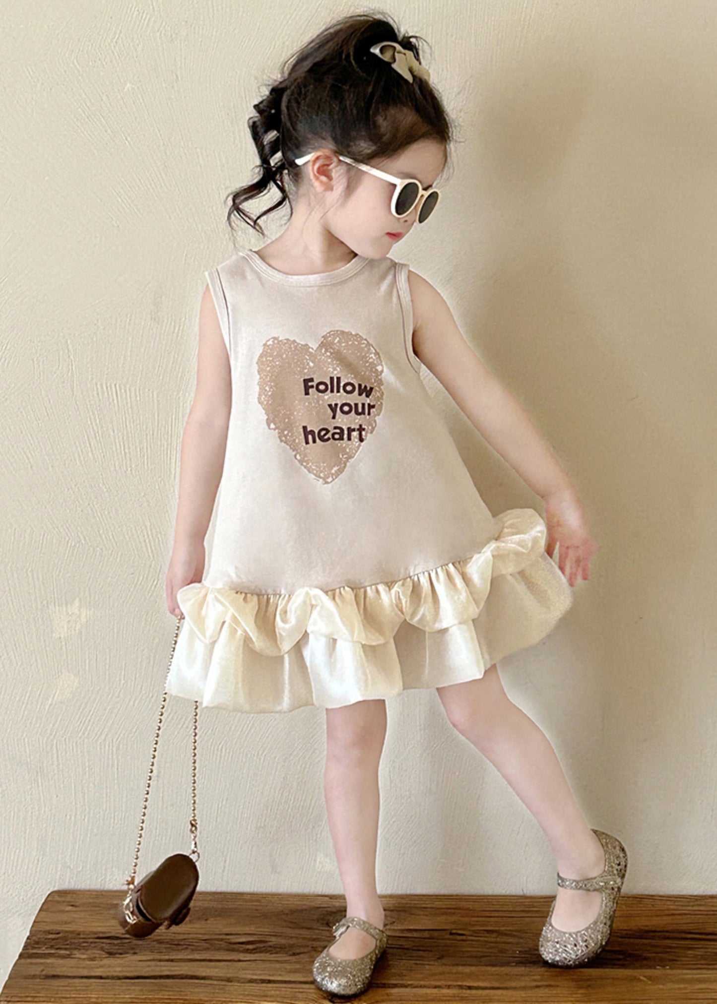 New Beige O-Neck Print Cotton Girls Dresses Sleeveless TT037 WS-JRTZSDGM240817
