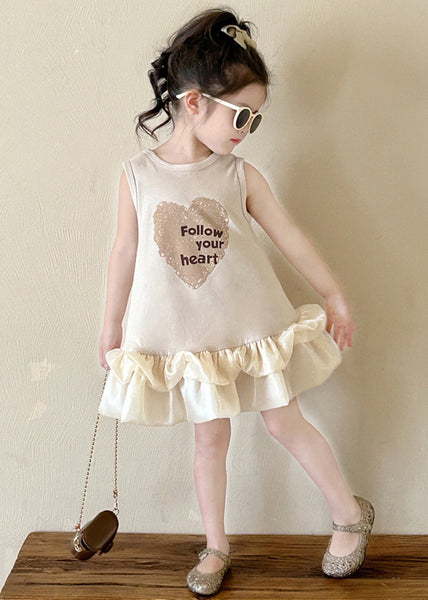 New Beige O-Neck Print Cotton Girls Dresses Sleeveless TT037 WS-JRTZSDGM240817