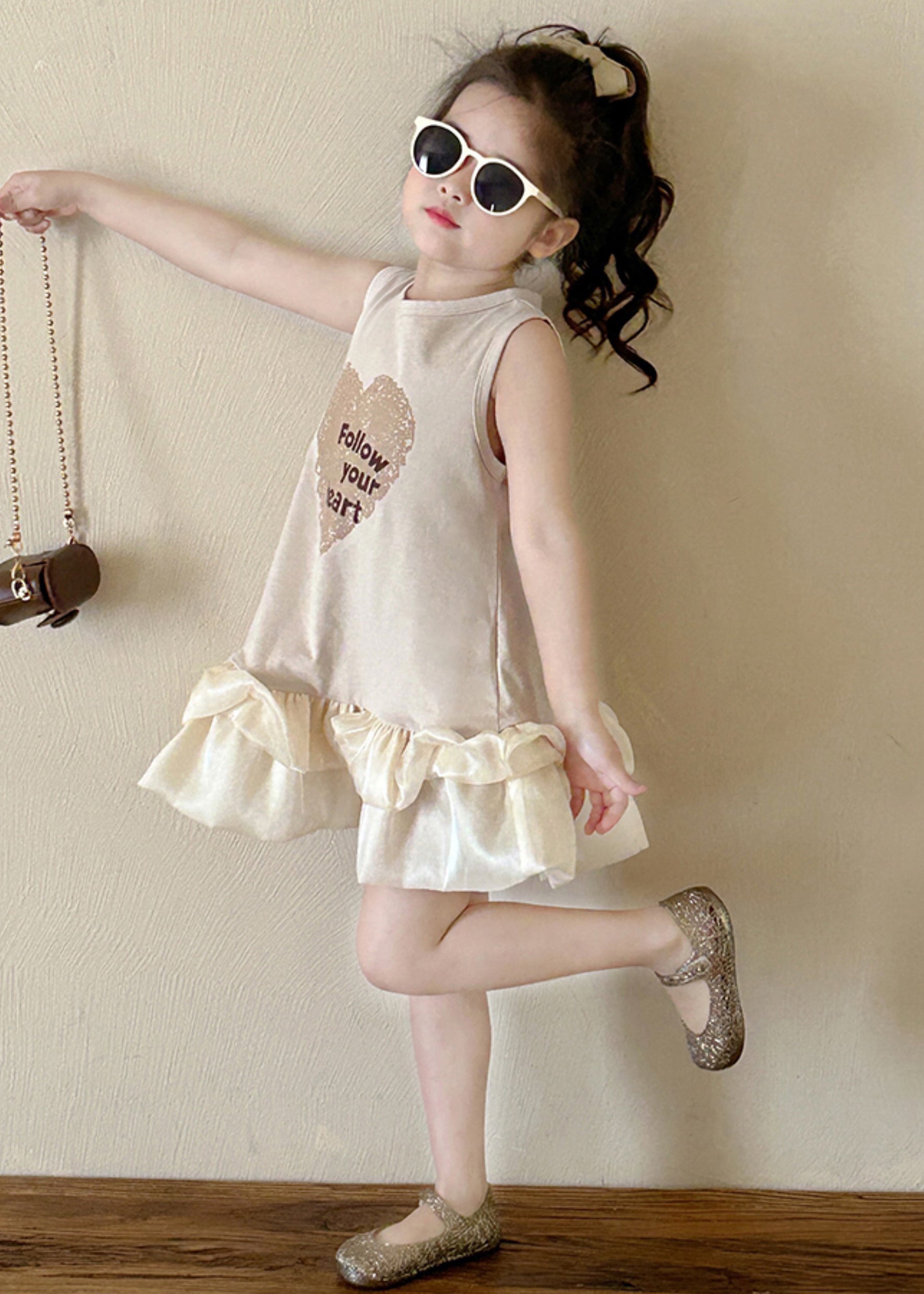 New Beige O-Neck Print Cotton Girls Dresses Sleeveless TT037 WS-JRTZSDGM240817