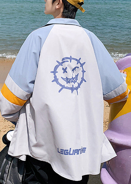 New Beige Peter Pan Collar Patchwork Cotton Shirt Men Fall RO010 ABC