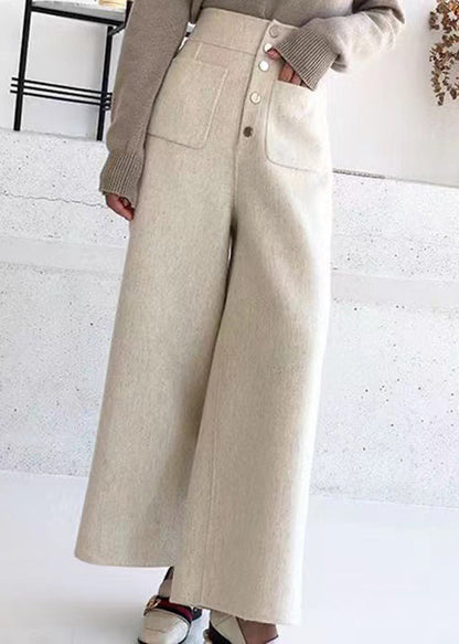 New Beige Pockets High Waist Woolen Crop Pants Winter RF024 ABC