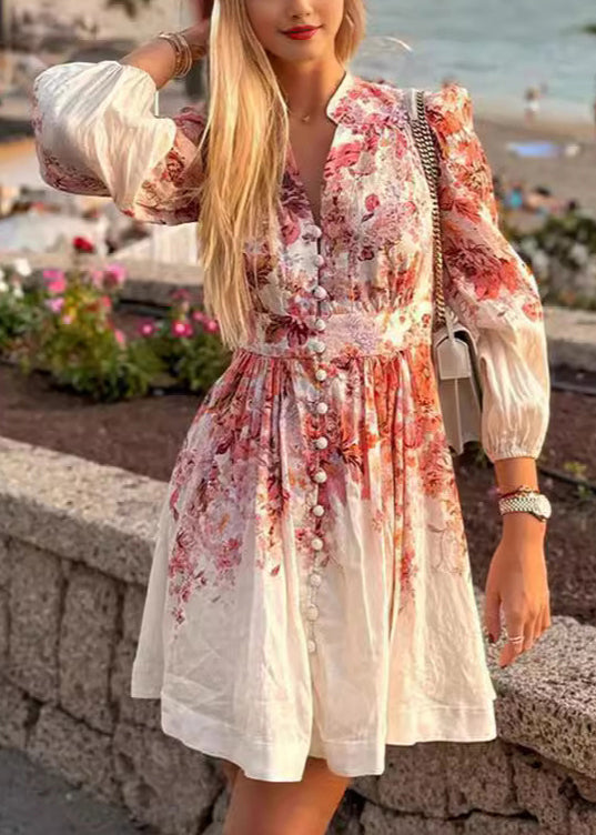 New Beige Print Button Cotton Shirts Dress Long Sleeve BB056 Hawaii-FDM240622