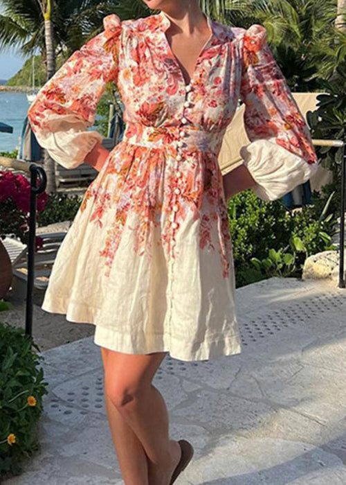 New Beige Print Button Cotton Shirts Dress Long Sleeve BB056 Hawaii-FDM240622