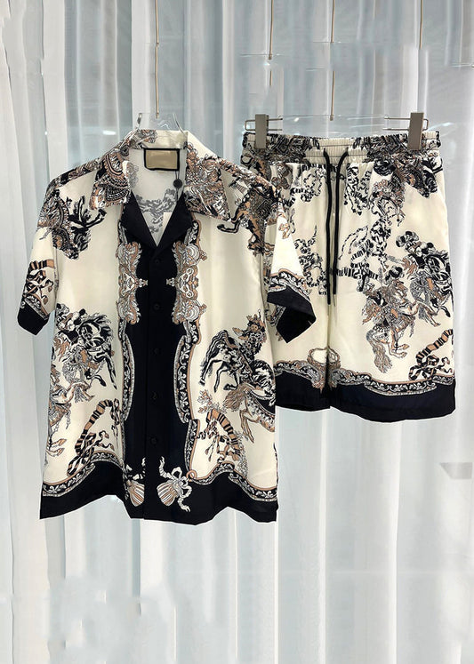 New Beige Print Elastic Waist Ice Silk Mens Two Piece Set Short Sleeve HG070 Men-Silk-MENTS240725