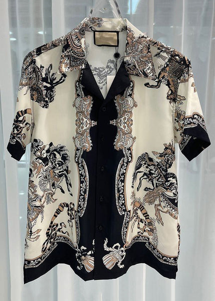 New Beige Print Elastic Waist Ice Silk Mens Two Piece Set Short Sleeve HG070 Men-Silk-MENTS240725