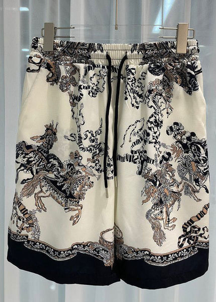 New Beige Print Elastic Waist Ice Silk Mens Two Piece Set Short Sleeve HG070 Men-Silk-MENTS240725