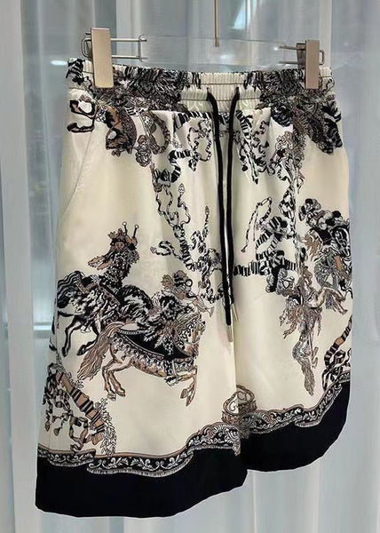 New Beige Print Elastic Waist Ice Silk Mens Two Piece Set Short Sleeve HG070 Men-Silk-MENTS240725