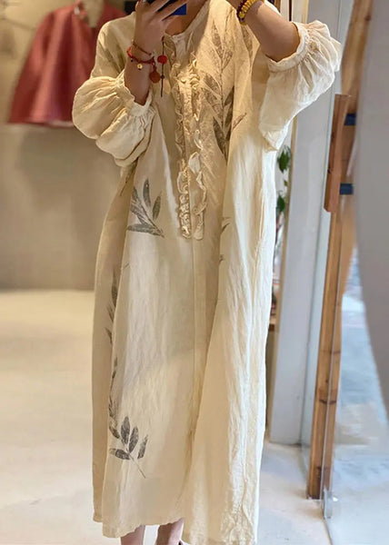 New Beige Ruffled Print Pockets Cotton Long Dress Spring Ada Fashion