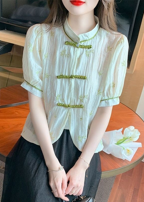 New Beige Stand Collar Embroidered Button Chiffon Shirts Summer OP1075 Ada Fashion