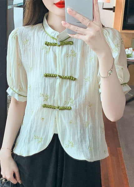 New Beige Stand Collar Embroidered Button Chiffon Shirts Summer OP1075 Ada Fashion