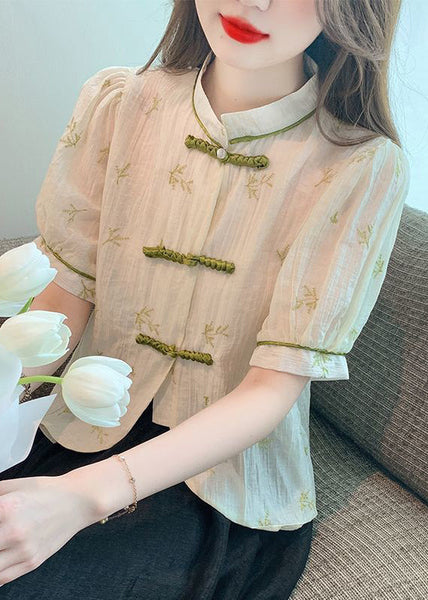 New Beige Stand Collar Embroidered Button Chiffon Shirts Summer OP1075 Ada Fashion