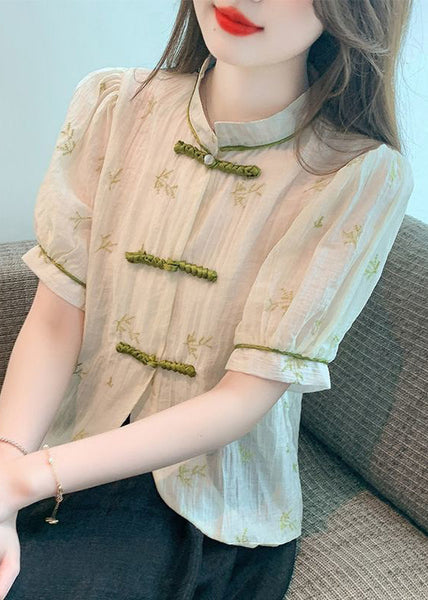 New Beige Stand Collar Embroidered Button Chiffon Shirts Summer OP1075 Ada Fashion
