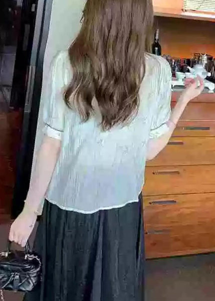 New Beige Stand Collar Embroidered Button Chiffon Shirts Summer OP1075 Ada Fashion