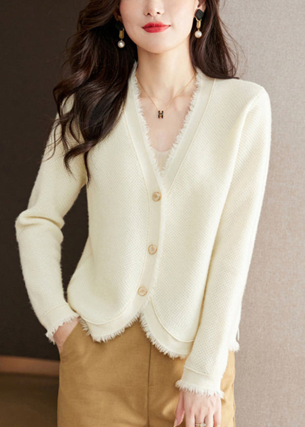 New Beige V Neck Button Solid Wool Knit Cardigan Fall WL005 OM-CS241108