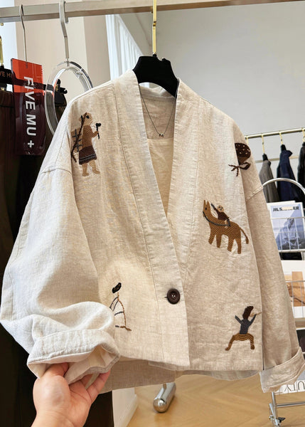 Beige Neck Patchwork Coats V Fall Linen New Embroidered FashionChic