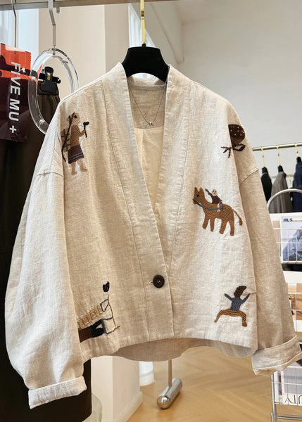 Beige Neck Patchwork Coats V Fall Linen New Embroidered FashionChic