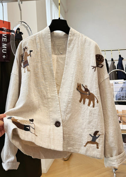 Beige Neck Patchwork Coats V Fall Linen New Embroidered FashionChic