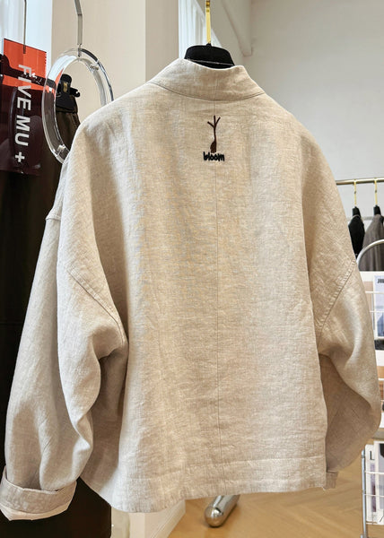 Beige Neck Patchwork Coats V Fall Linen New Embroidered FashionChic